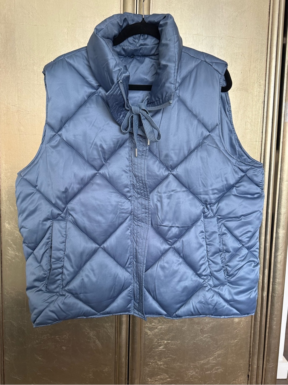 Tribal Blue Quilted Puffer Vest with High Neck Tie